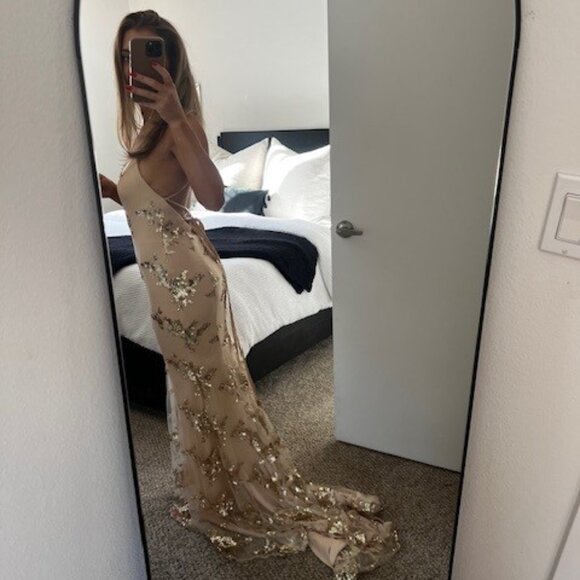 Champagne/gold trumpet dress with sweep train, tulle evening dress - Picture 4 of 4